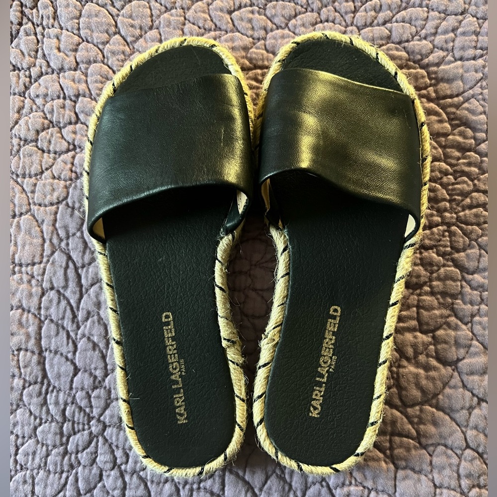 Karl Lagerfeld Black and Gold Slide Sandals